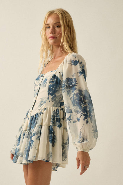 Floral Chiffon Bubble-Sleeve Tiered Ruffle Romper