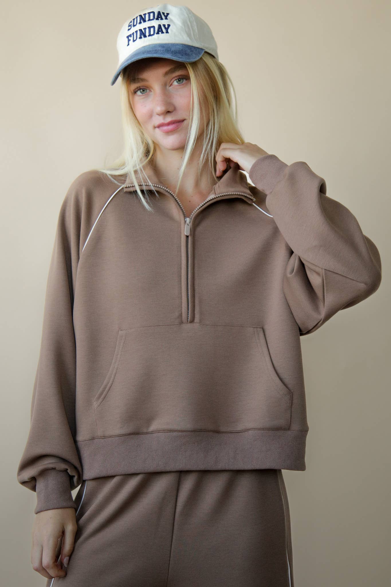 Half Zip Up Piping Detail Knit Casual Top