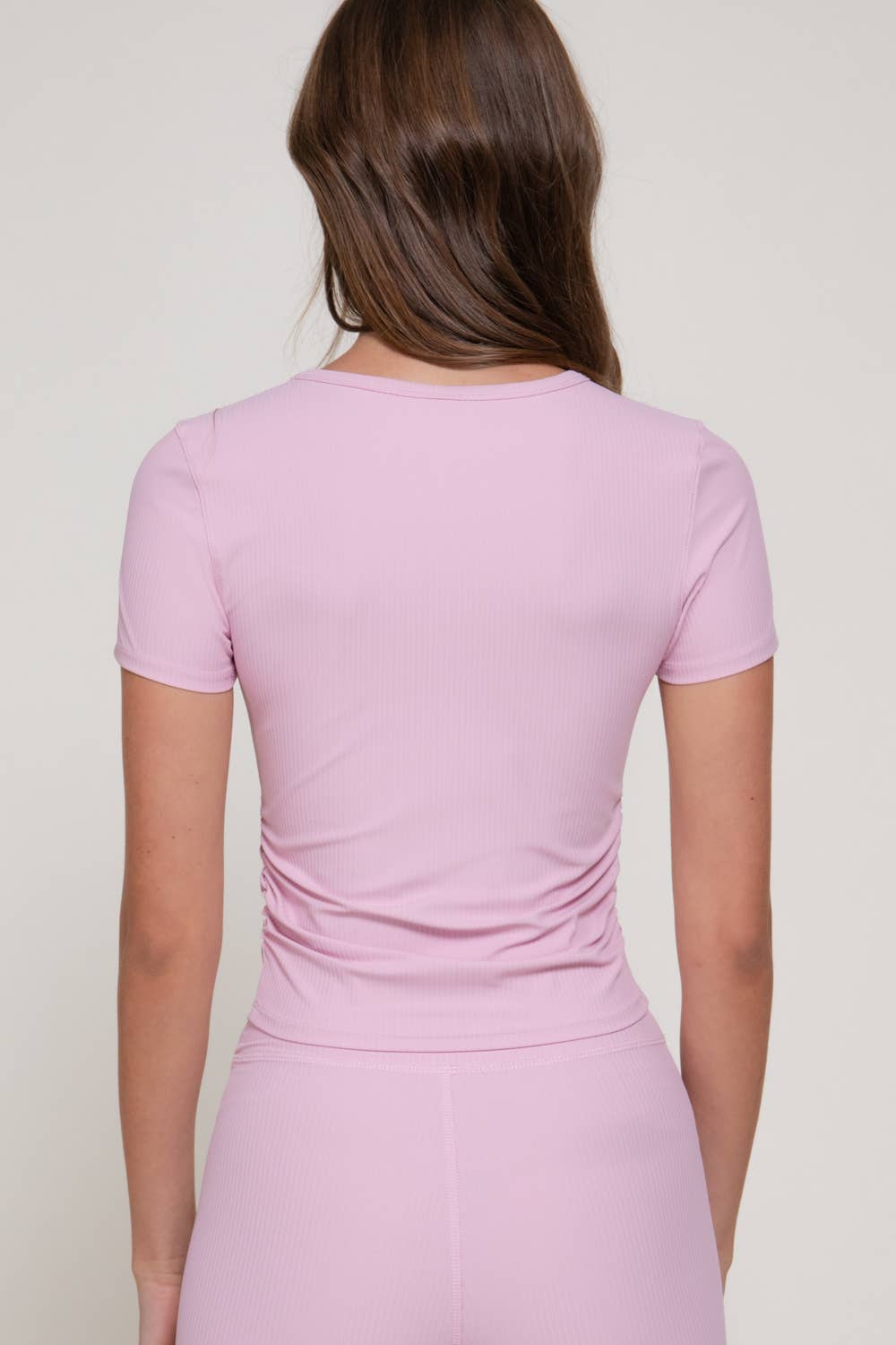 Short Sleeve Round Neck Shirring Workout Ribbed Top