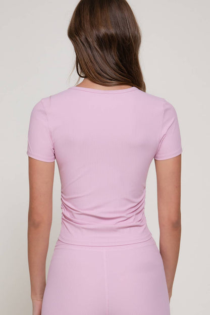 Short Sleeve Round Neck Shirring Workout Ribbed Top