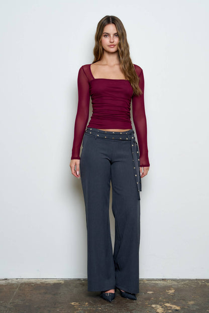 Ruched Waist Square Neck Long Sleeve Knit Top