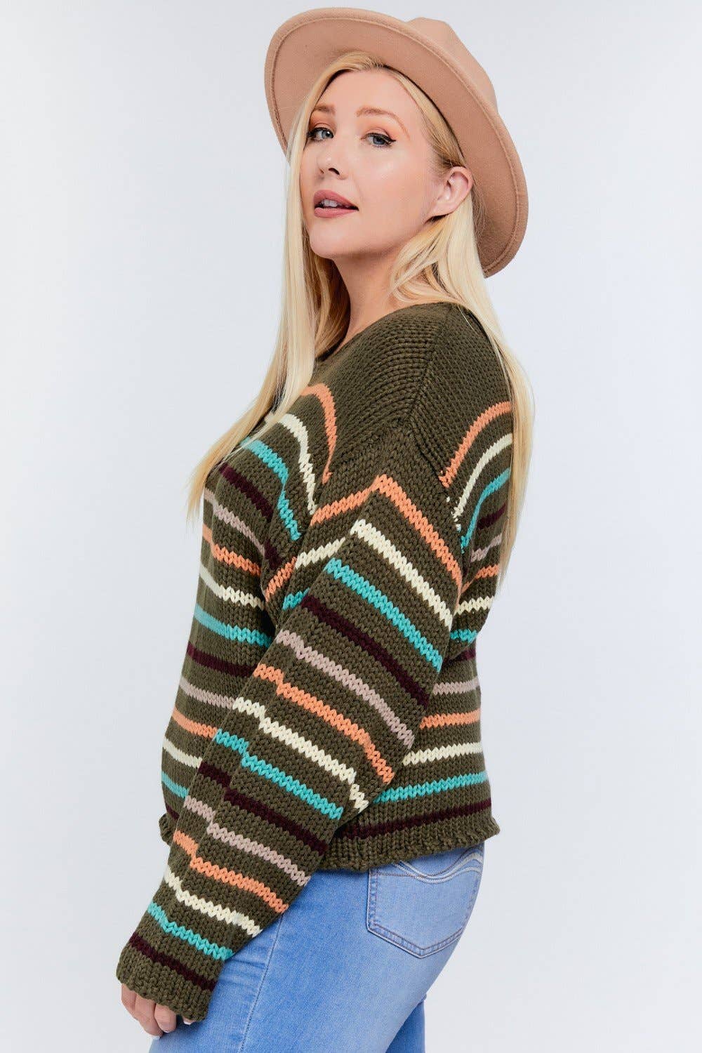 PLUS STRIPE ROUND NECK LONG SLEEVE KNIT SWEATER