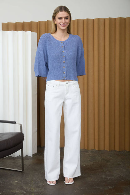 Boxy Short Sleeve Button Down Knit Cardigan