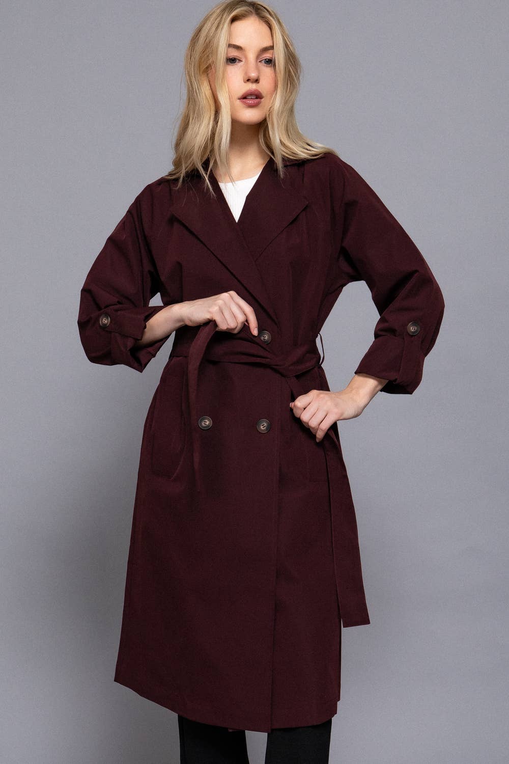 Long Sleeve V-Neck Lapel Collar Trench Coat with Belt