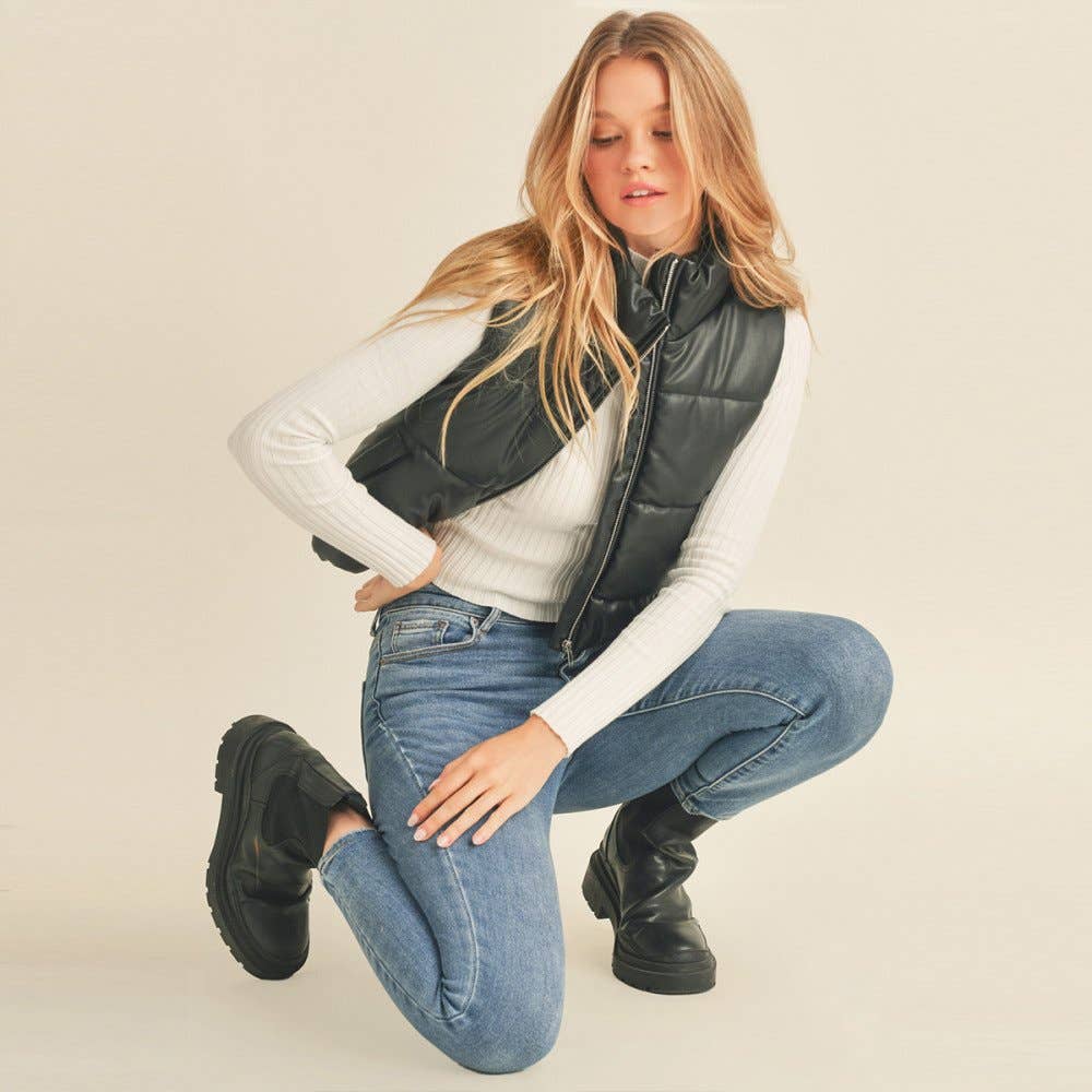 FAUX LEATHER HIGH NECK ZIP-UP PUFFER VEST