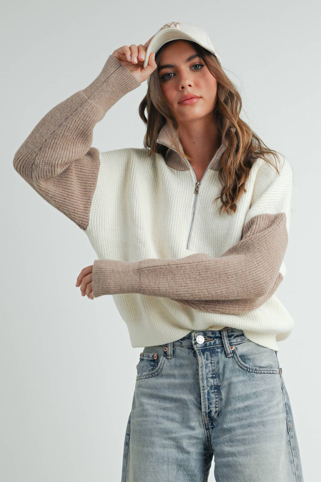 Color Block Collar Half Zipper Pullover Sweater