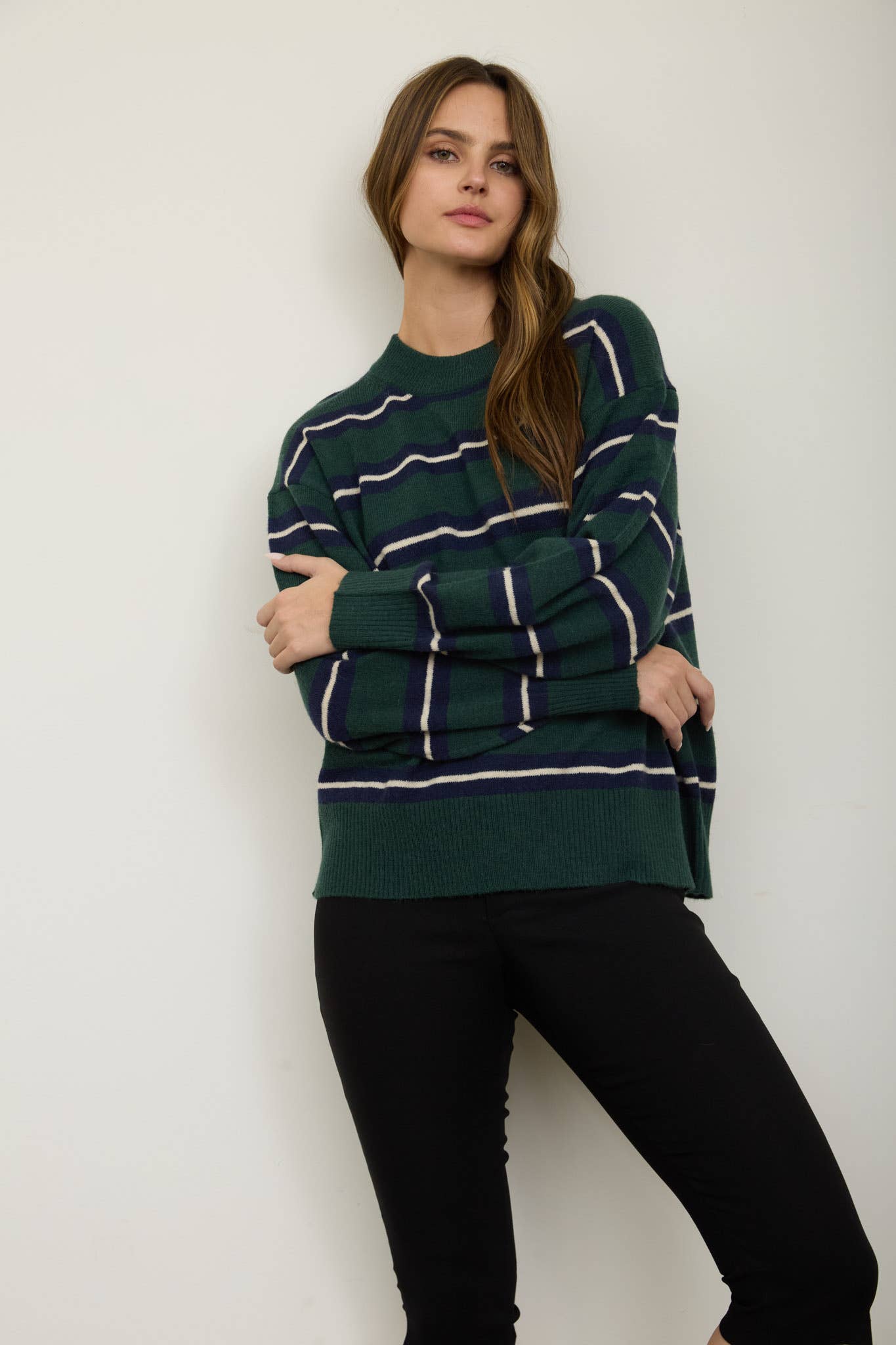 Multi-Color Stripe Crew Neck Relaxed Pullover