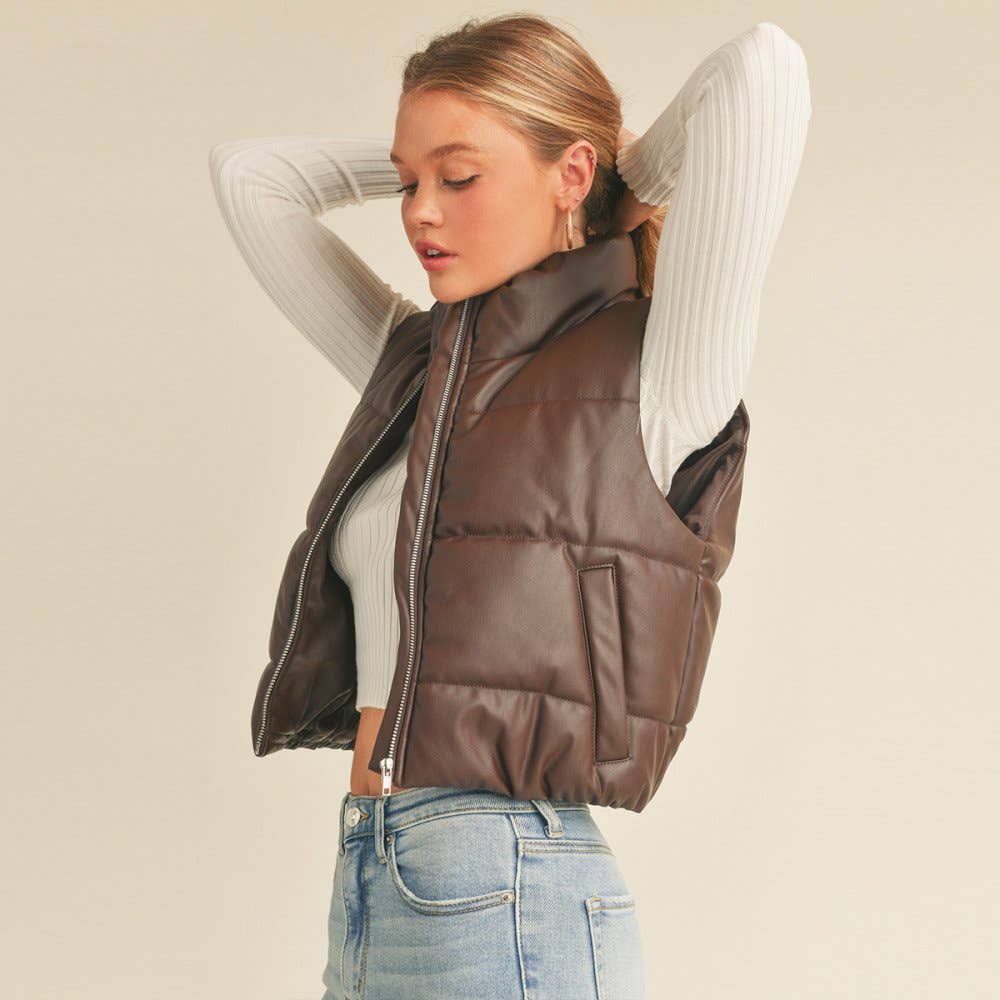 FAUX LEATHER HIGH NECK ZIP-UP PUFFER VEST