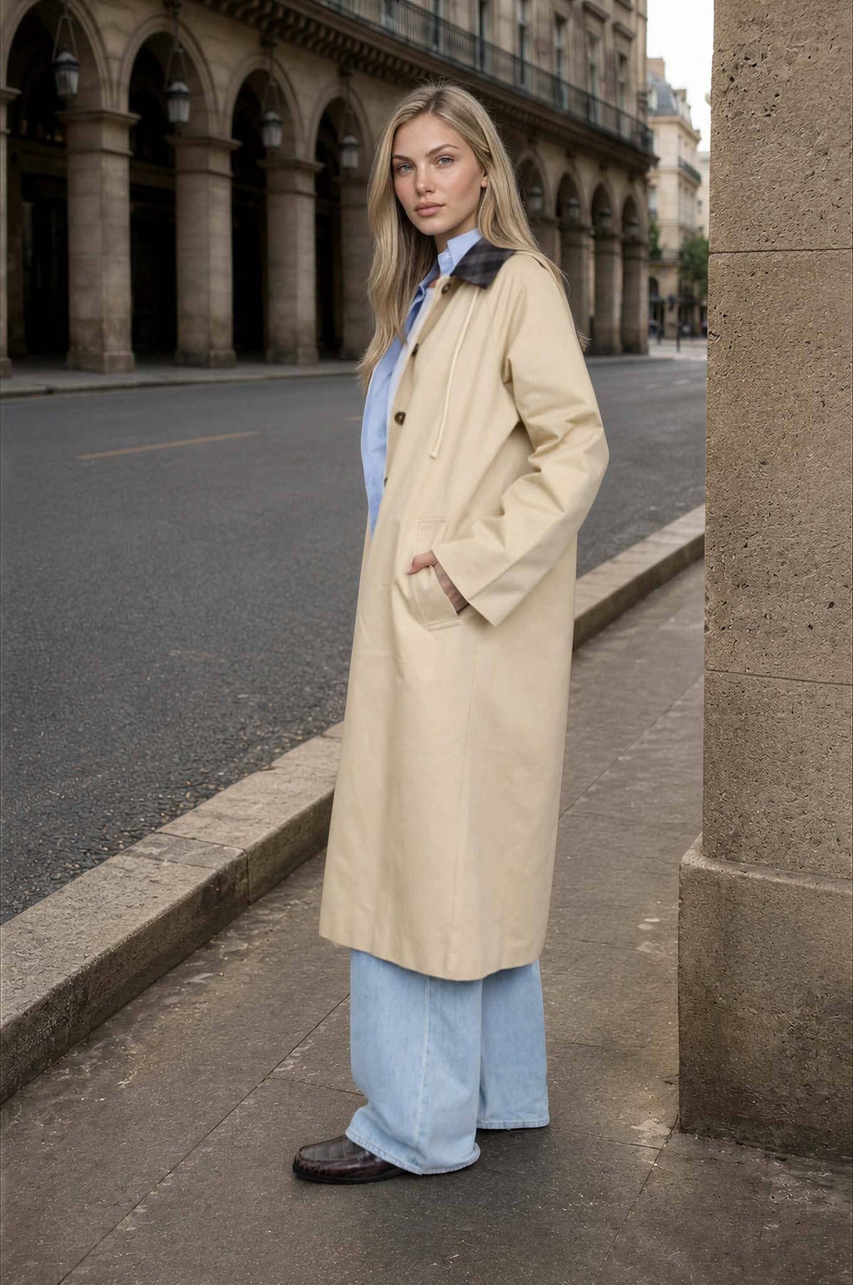Plaid Collar Hooded Long Coat
