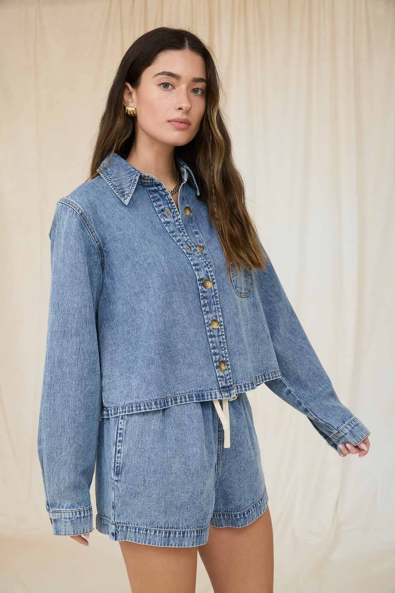 Acid Wash Collared Long Sleeve Boxy Denim Shirt
