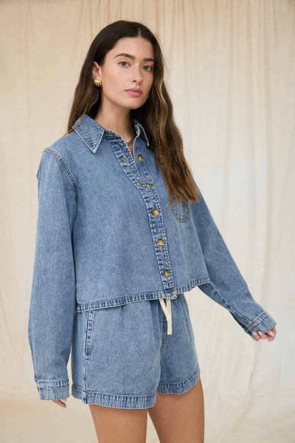 Acid Wash Collared Long Sleeve Boxy Denim Shirt