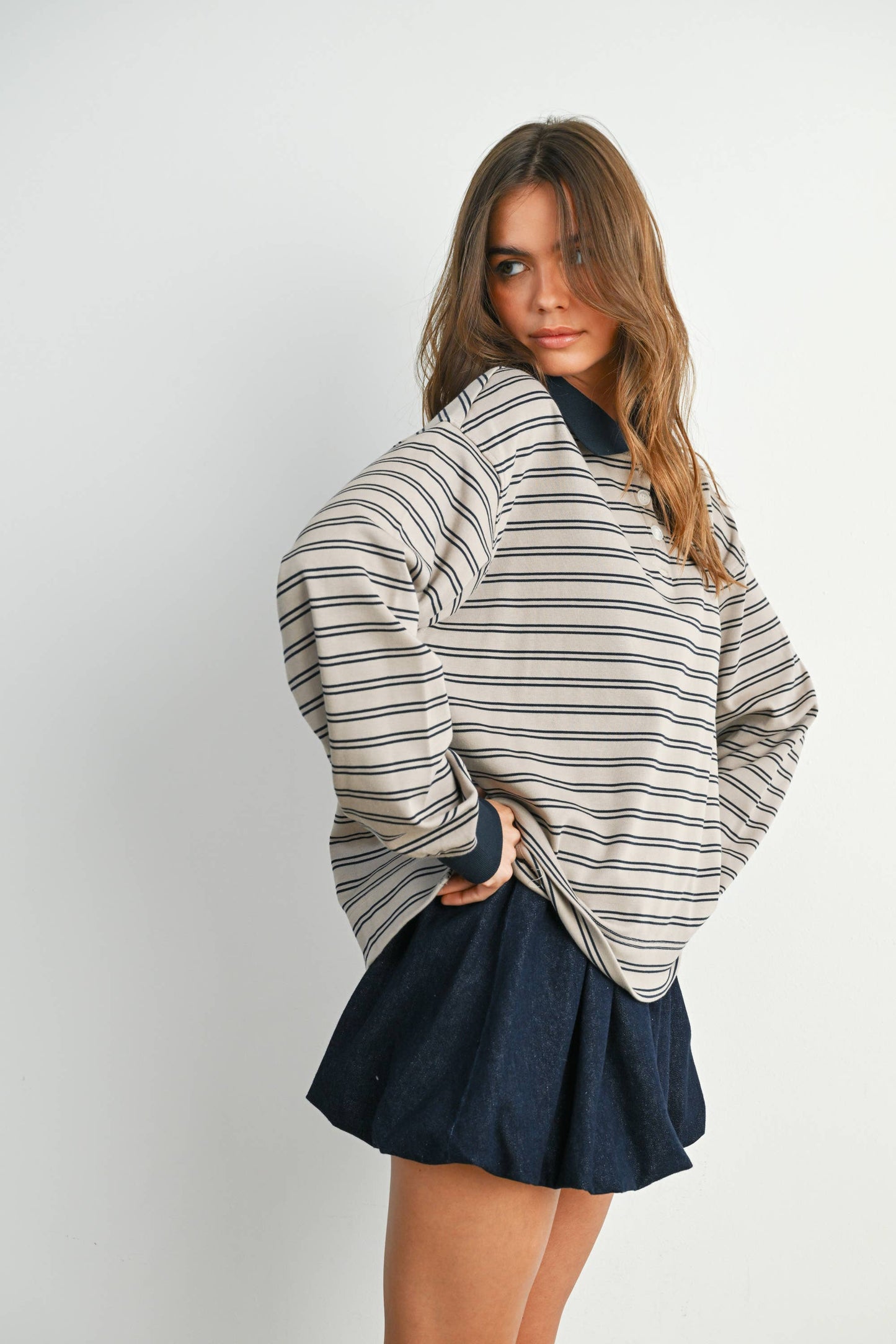 Quarter-Button Striped Collared Long Sleeve Top