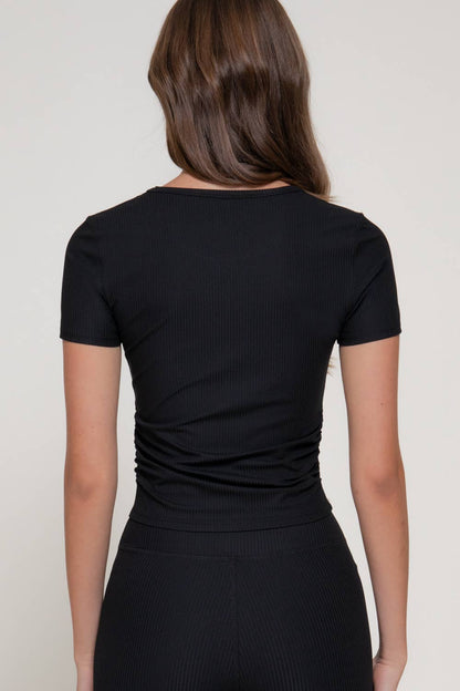 Short Sleeve Round Neck Shirring Workout Ribbed Top