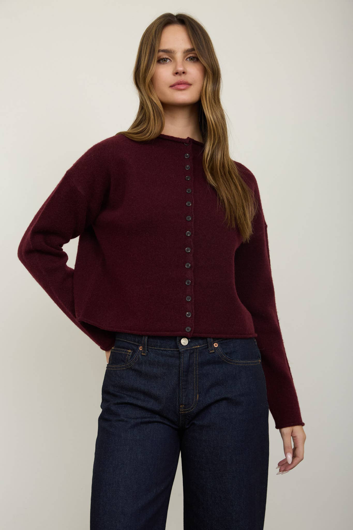 Raw Edge Mock Neck Button Down Cardigan