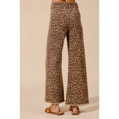 Mid Rise Leopard Twill Denim Wide Leg Pants