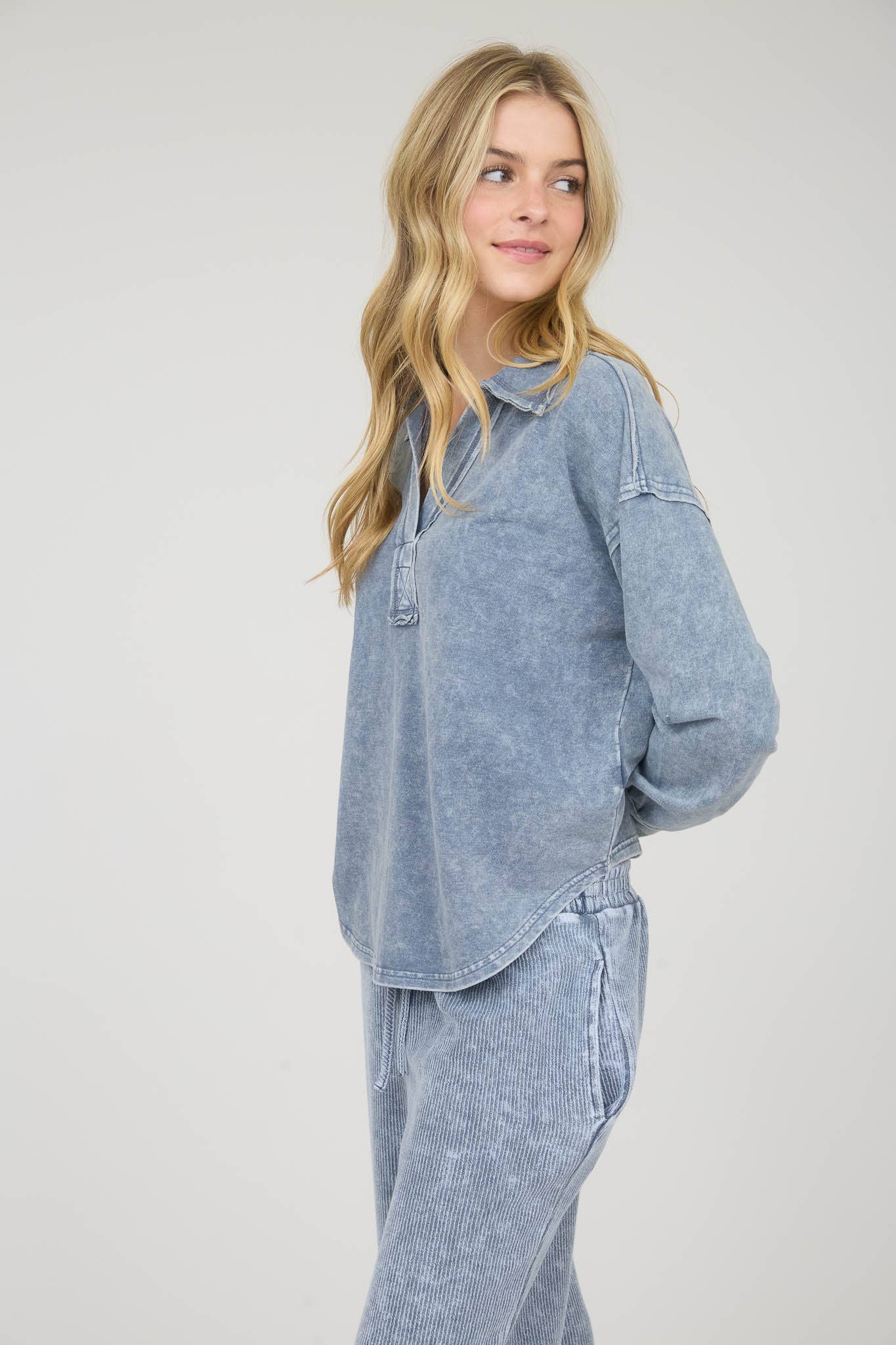 Washed Long Sleeve U Hem Polo Top