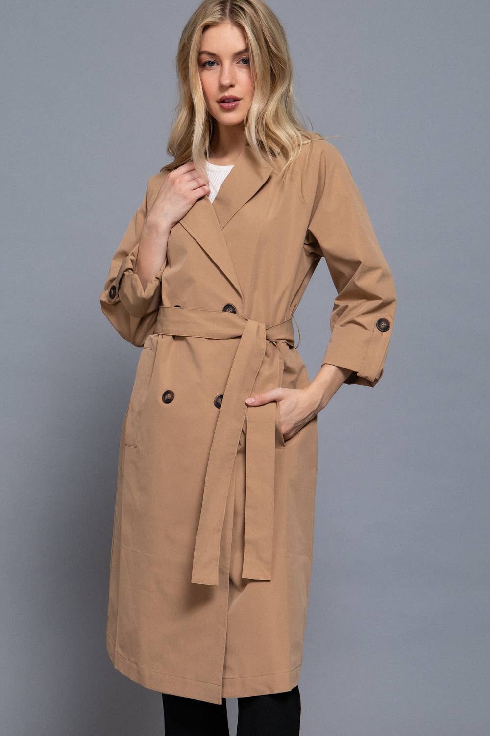 Long Sleeve V-Neck Lapel Collar Trench Coat with Belt