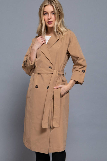 Long Sleeve V-Neck Lapel Collar Trench Coat with Belt