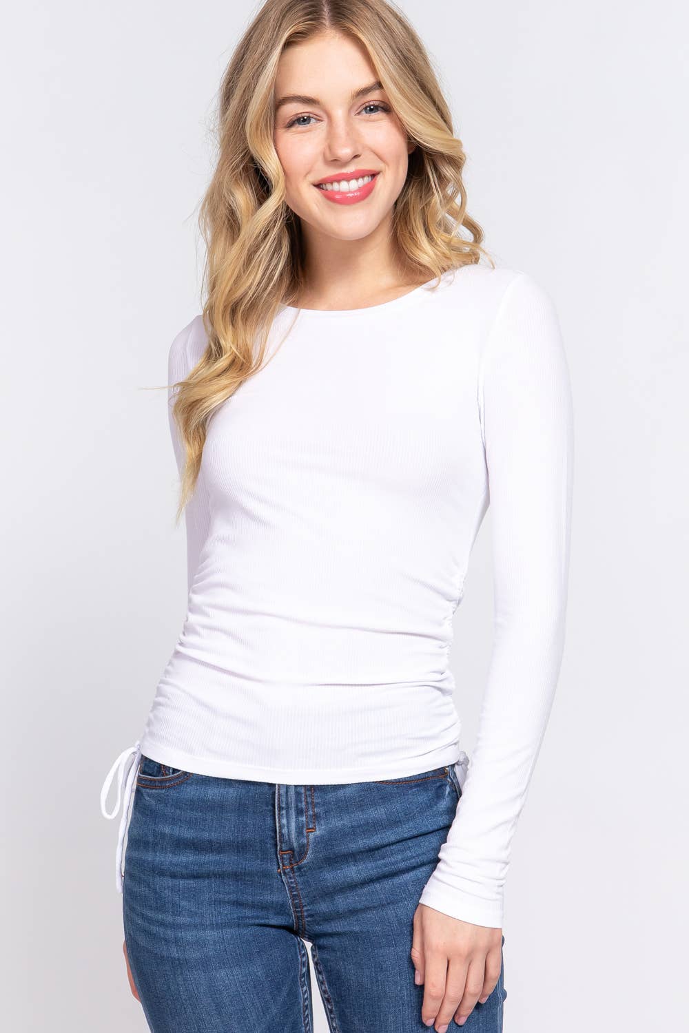 Long Sleeve Crew Neck Side Ruched Detail Rayon Rib Knit Top