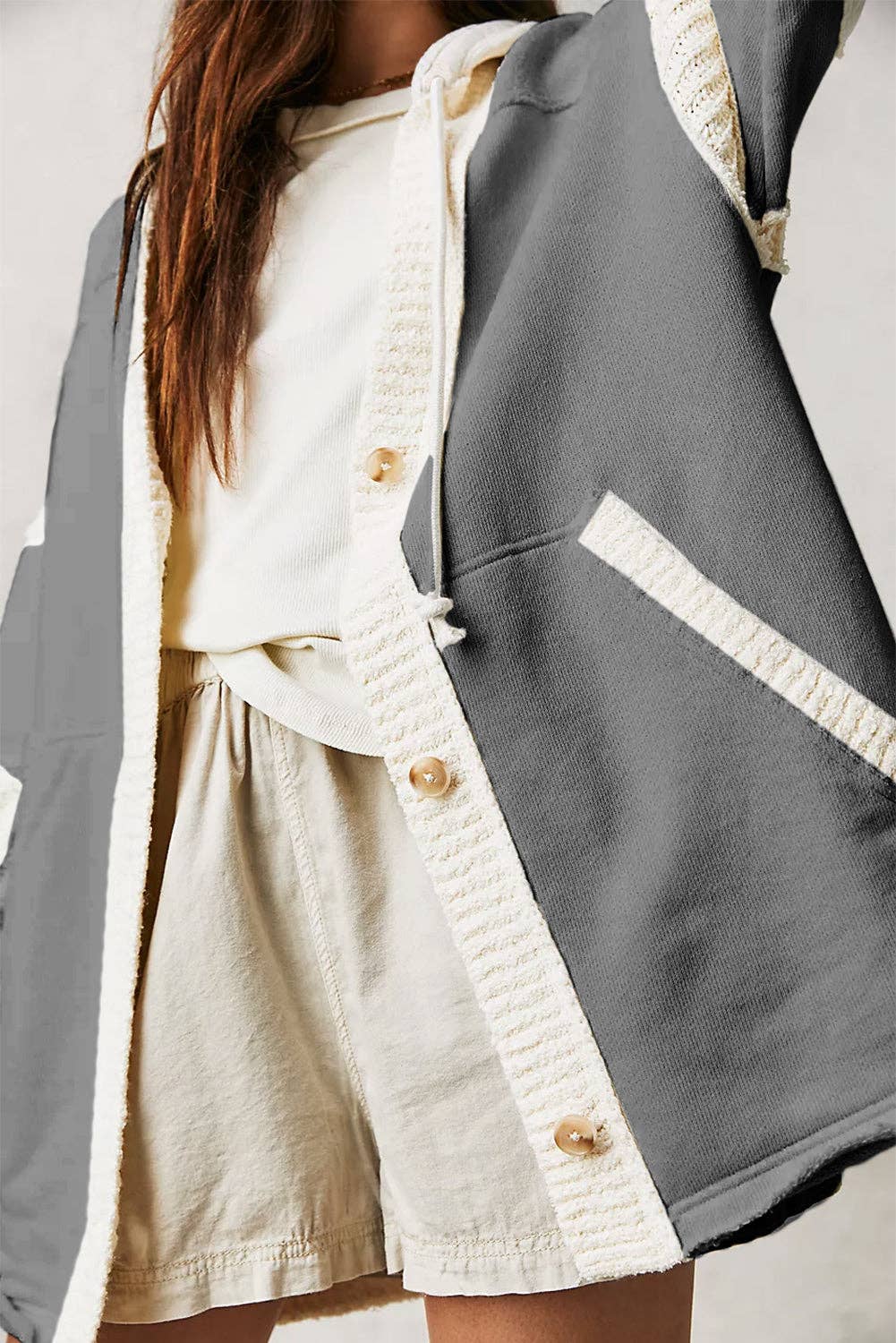 Contrast Knit Patchwork Hooded Cardigan