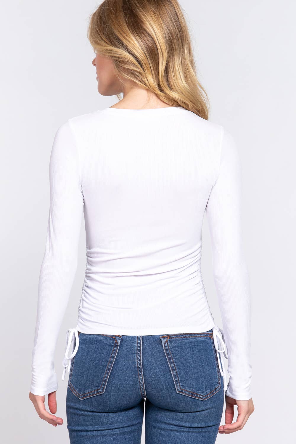 Long Sleeve Crew Neck Side Ruched Detail Rayon Rib Knit Top