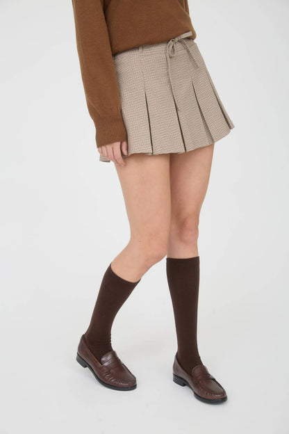 Plaid Waist Tie Detail Pleated Mini Skirt