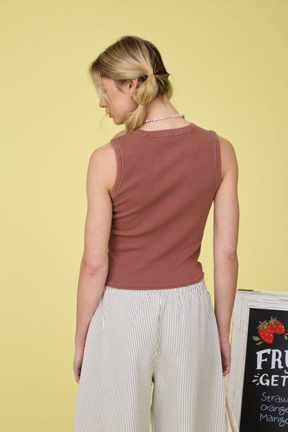 Washed Button Down Sleeveless Ribbed Knit Top