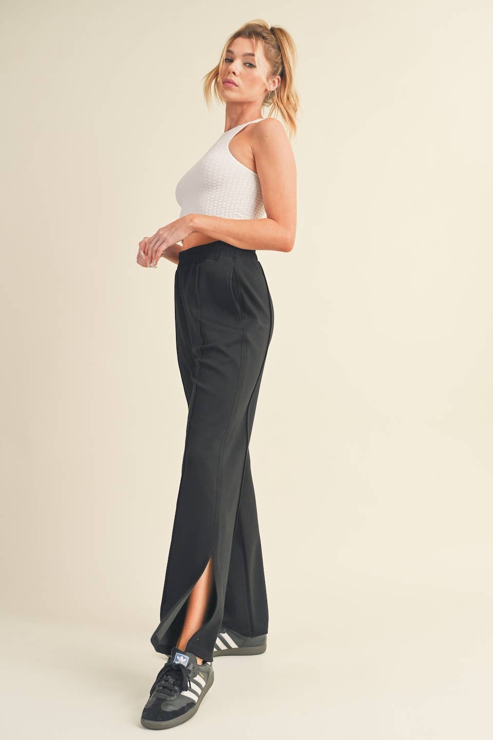 Wide Leg Scuba Pants with Side Slit