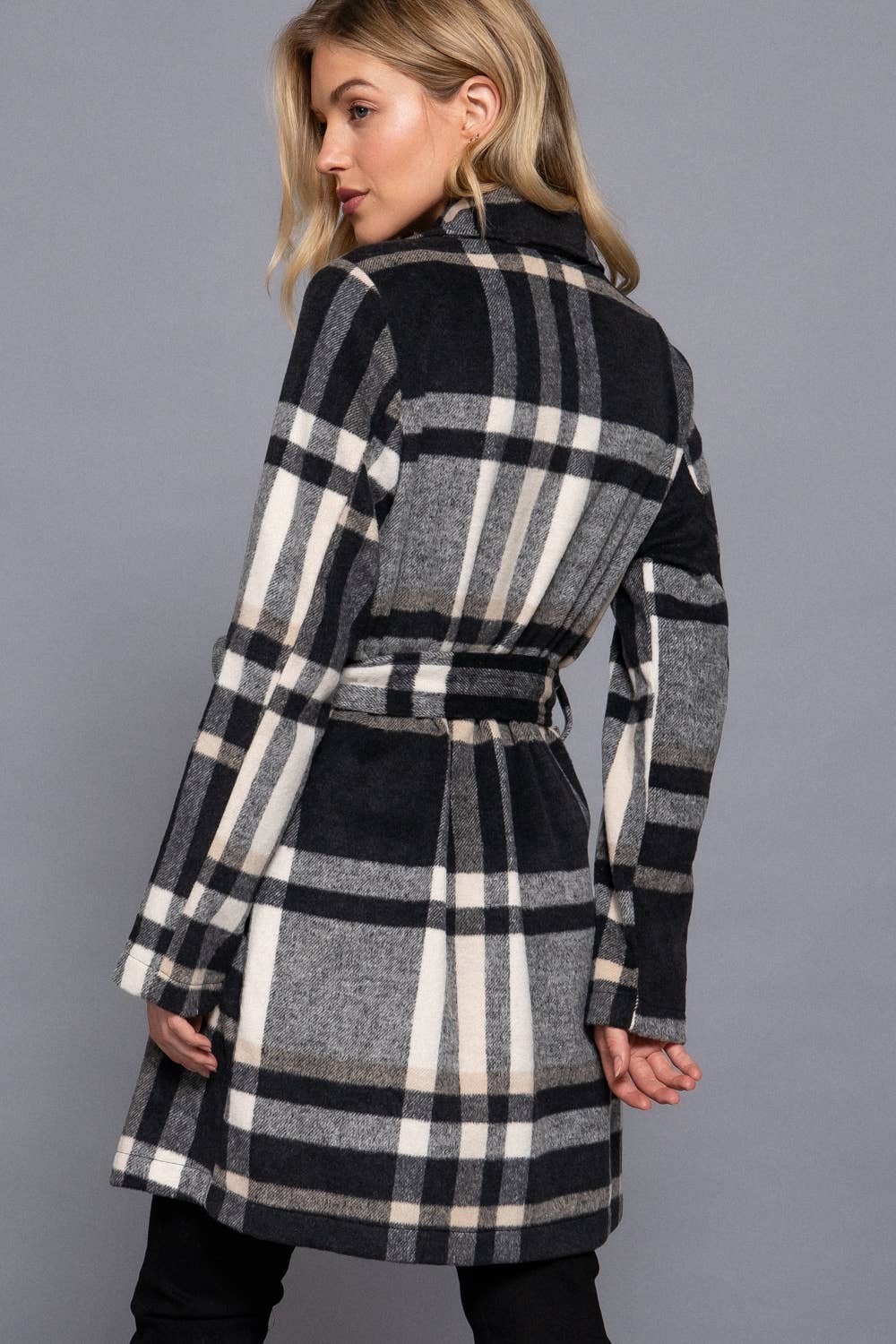 Long Sleeve Notched Collar with Waist Belt Plaid Jacket