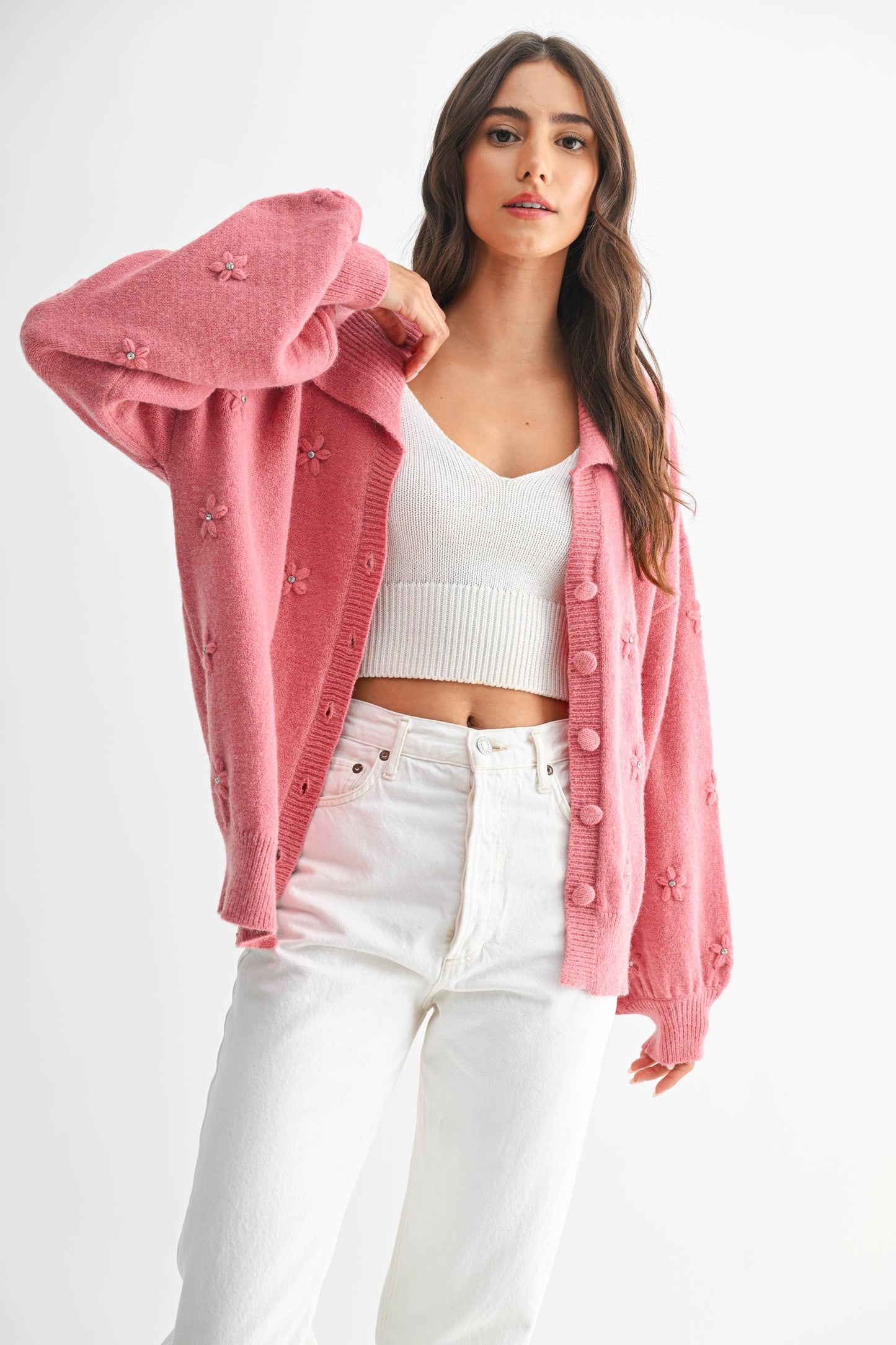 Cozy Pastel Cardigan With Floral Embellishments
