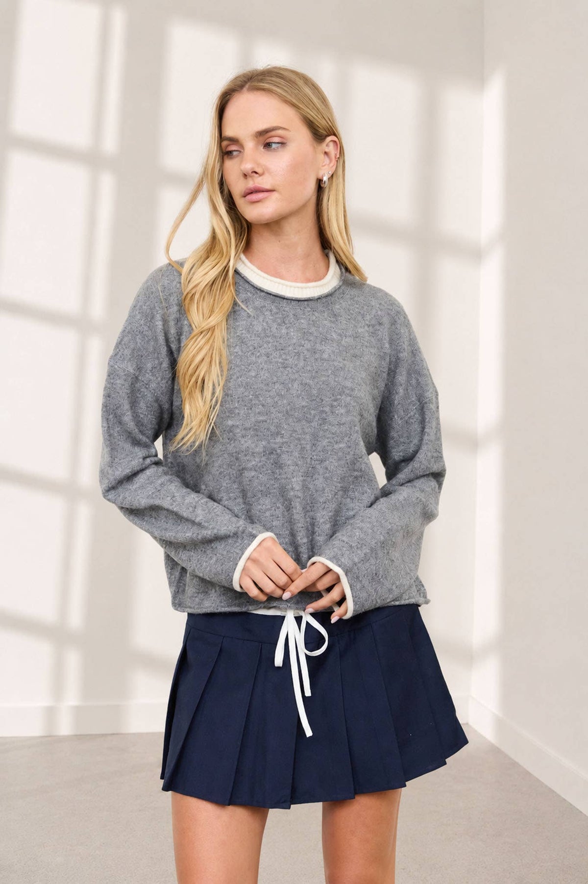 Kate Contrast Rolled Edge Crewneck Pullover