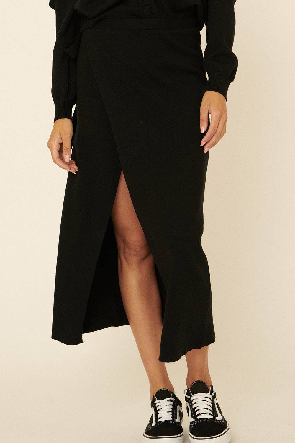 Solid Waist Tie Wrap Midi Skirt