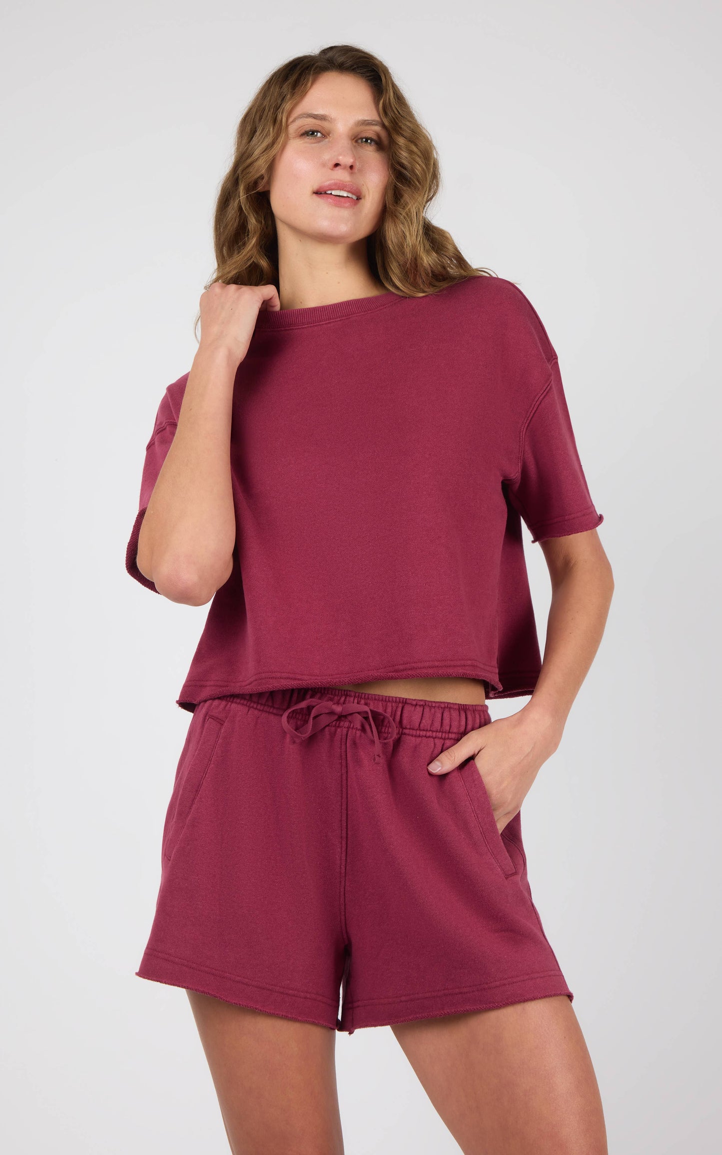 Women's Loop Terry Raw Edge Crew Short Sleeve Top and Shorts