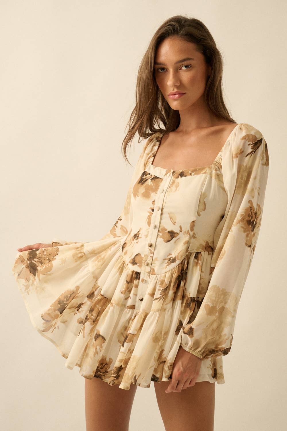 Floral Chiffon Bubble-Sleeve Tiered Ruffle Romper