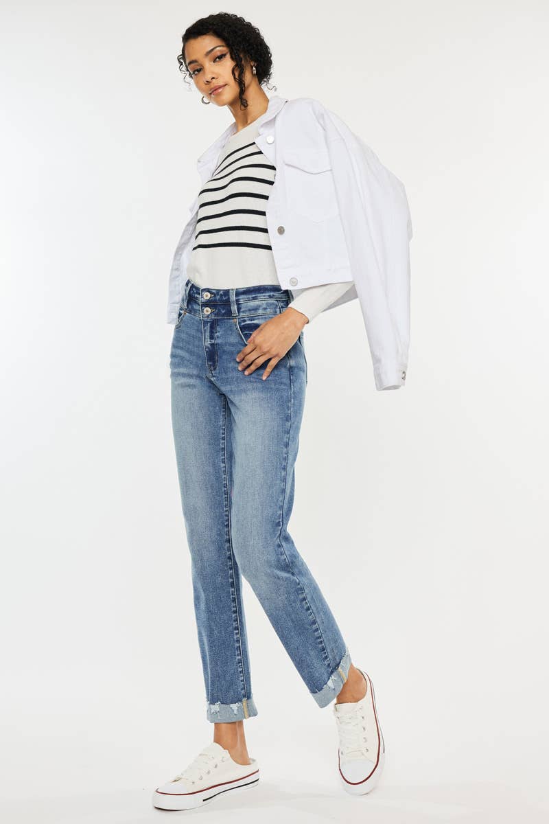 High Rise Slim Straight Cuff Jeans