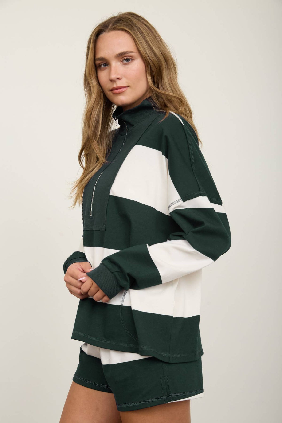 Wide Stripe Half Zip Long Sleeve Knit Top