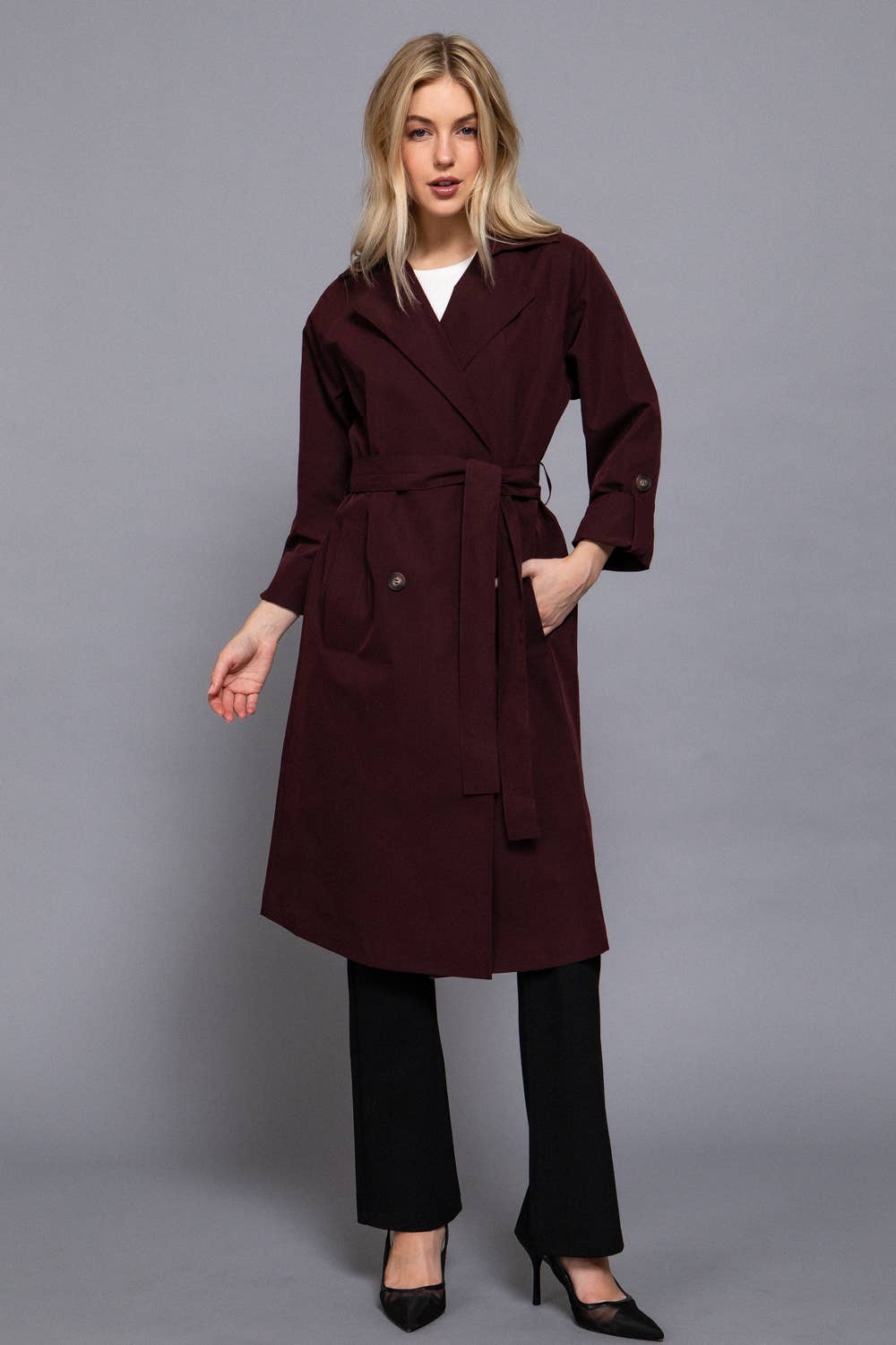 Long Sleeve V-Neck Lapel Collar Trench Coat with Belt