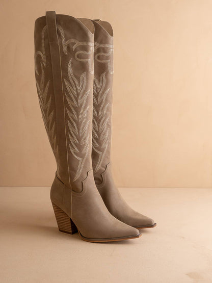 The Bronco | Dark Taupe Knee High Embroidered Cowboy Boot