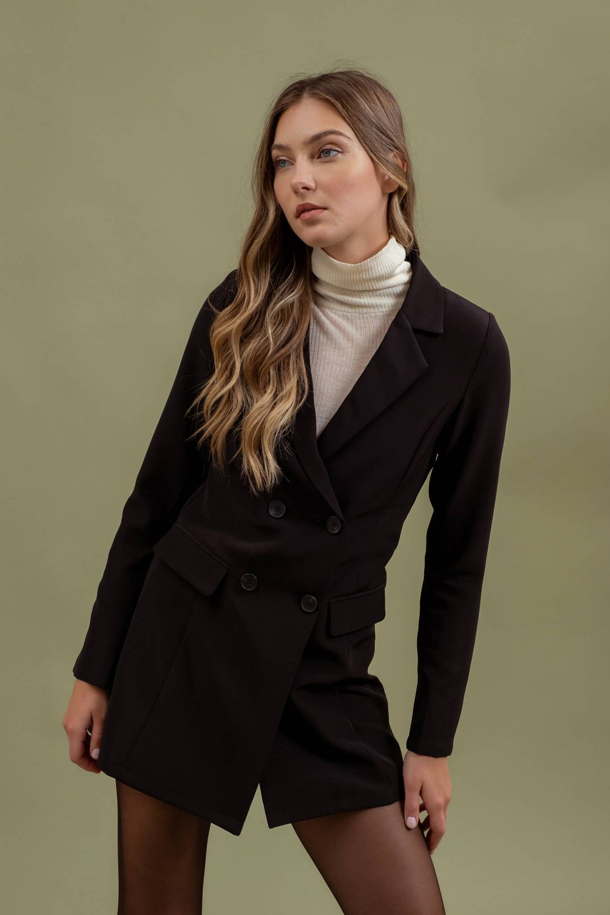 Collared Button Front Long Sleeve Tunic Blazer