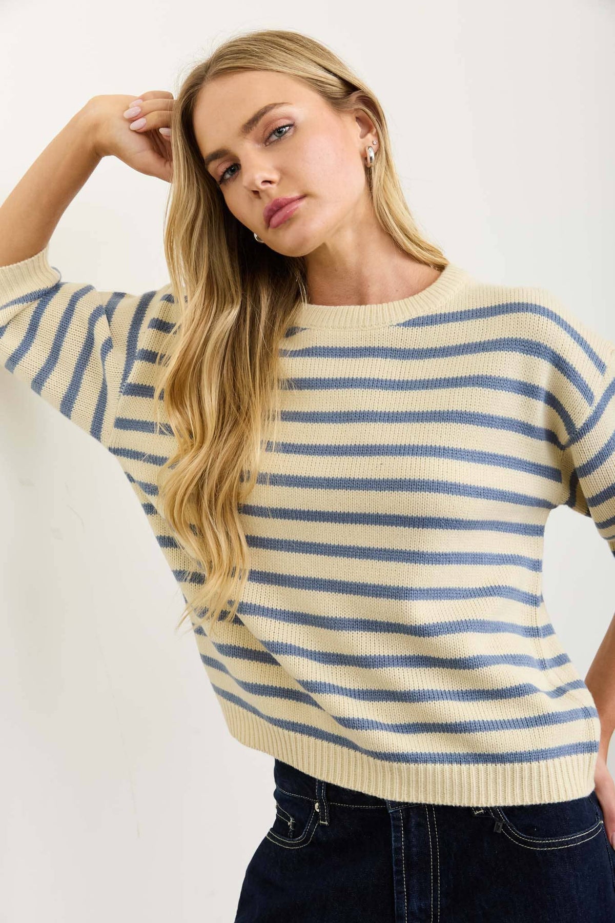 Stripe Crewneck Short Sleeve Sweater