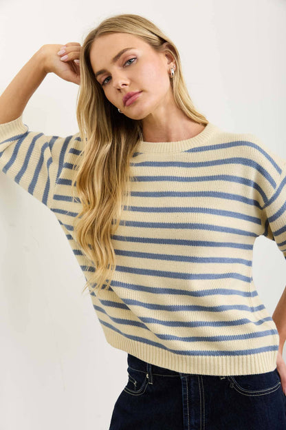 Stripe Crewneck Short Sleeve Sweater