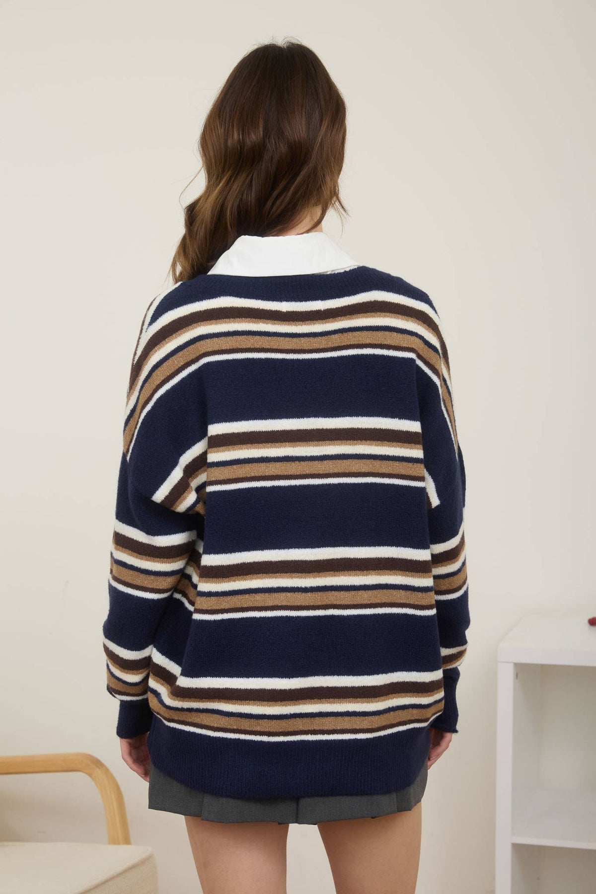 MULTICOLOR STRIPE V NECK LONG SLEEVE KNIT SWEATER