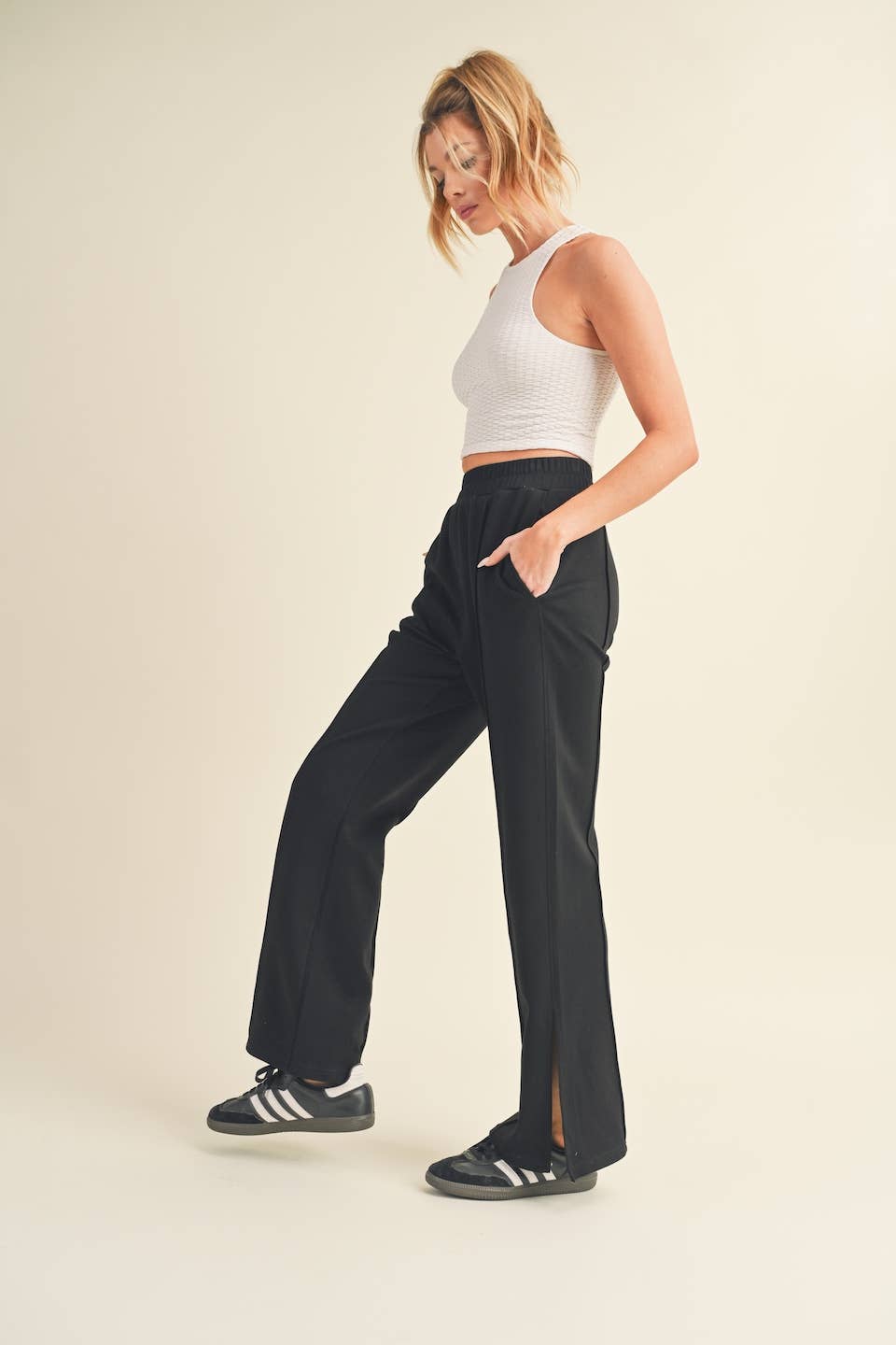 Wide Leg Scuba Pants with Side Slit