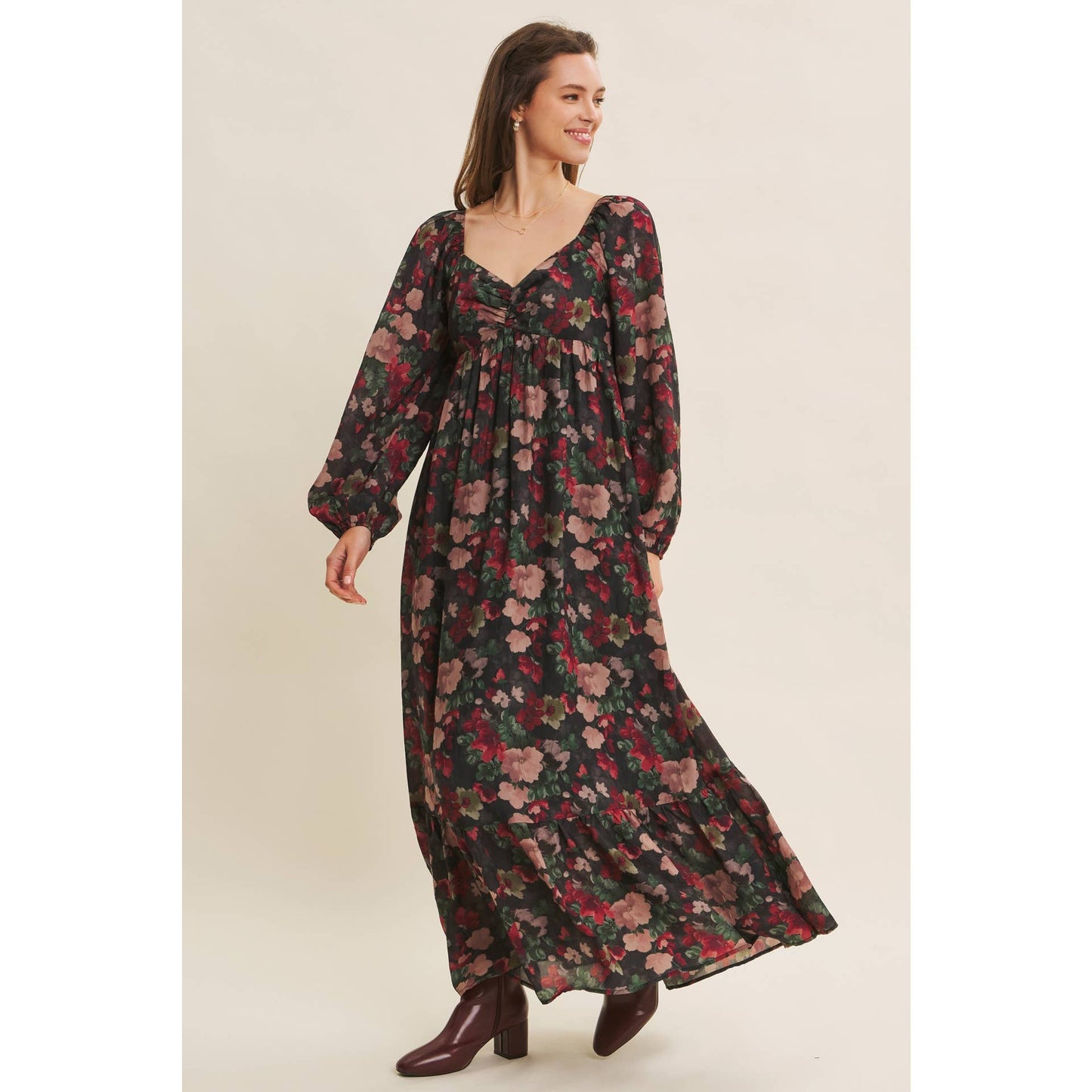 Love Letter To Autumn Floral Crinkled Maxi Smocked Dress