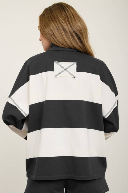 Wide Stripe Half Zip Long Sleeve Knit Top
