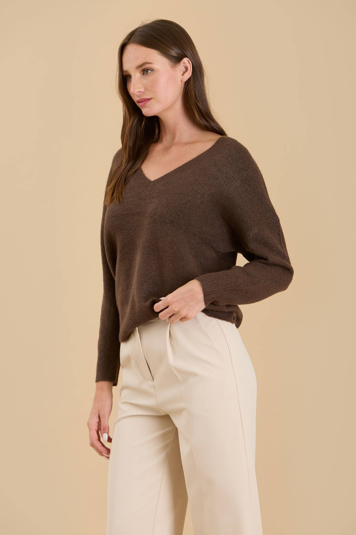 Solid V Neck Drop Shoulder Knit Sweater