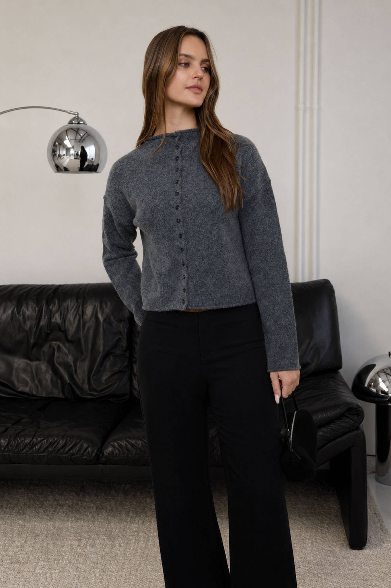 Raw Edge Mock Neck Button Down Cardigan