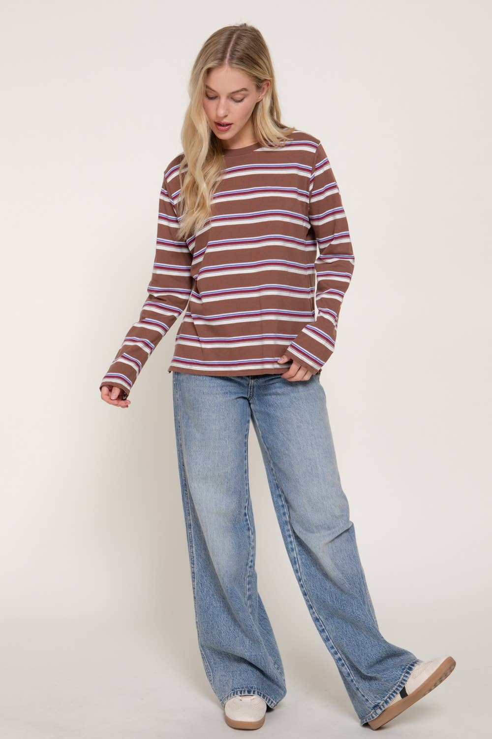 Long Sleeve Multi Striped Knit Jersey Top