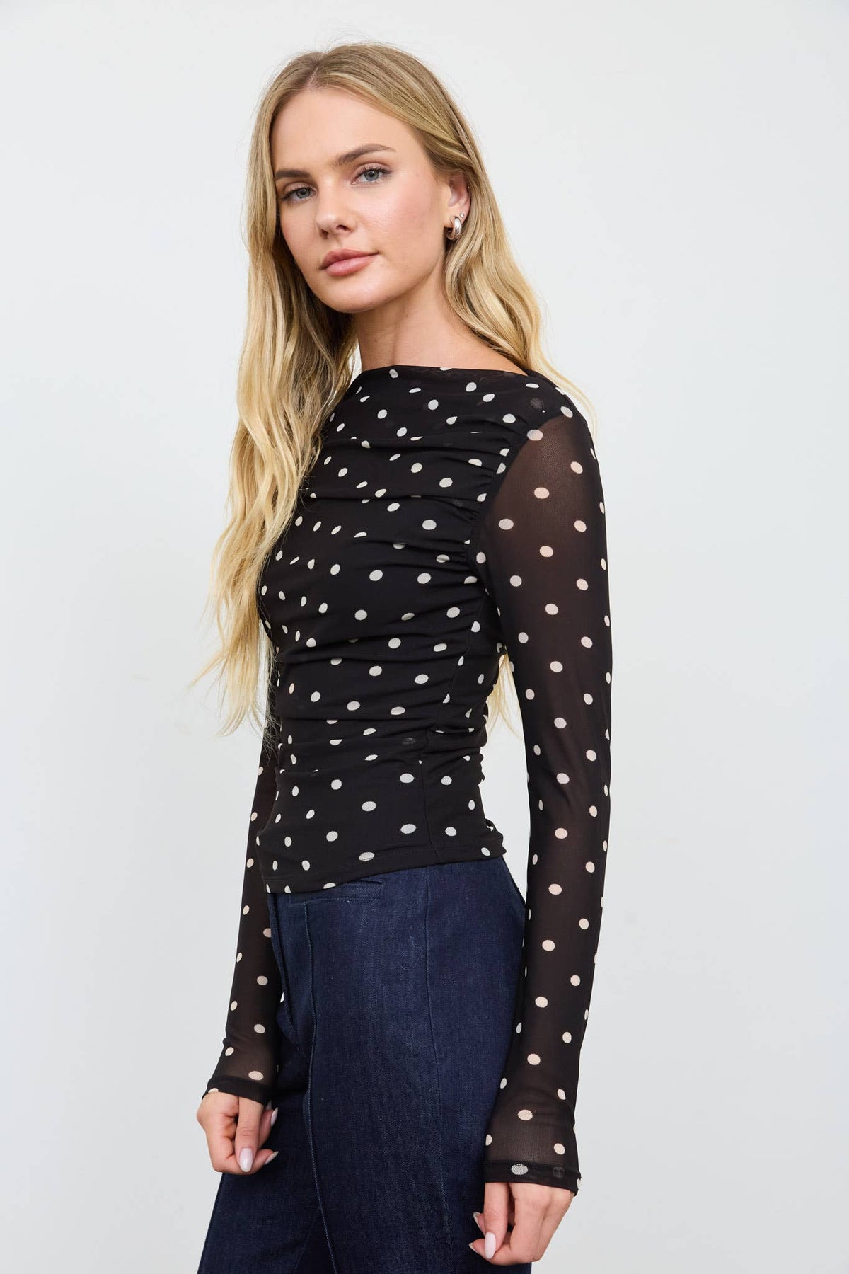 Sheer Mesh Polka Dot Ruched Long Sleeve Knit Top