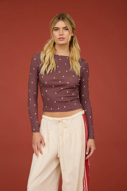 Polka Dot Boat Neck Ribbed Long Sleeve Knit Top